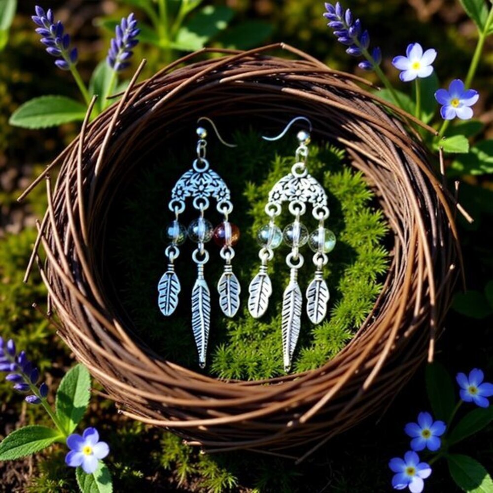 Boho Feather Chandelier Earrings • Shimmering AB Beads • Handmade OOAK